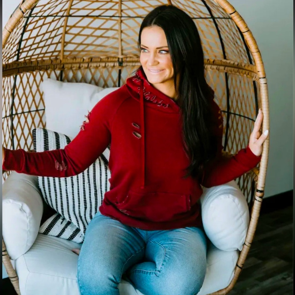 Lauribelles Chelsea DeBoer by Lily and Lottie burgundy distressed sweatshirt